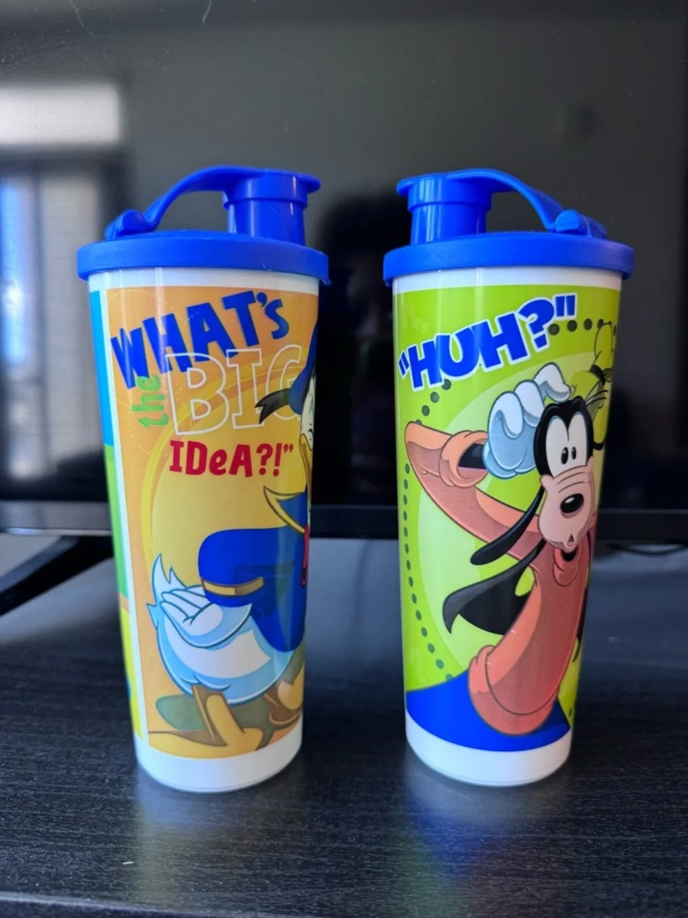 Vintage Disney Donald Duck & Goofy Plastic Tumblers with Blue Lids (Set of 2)